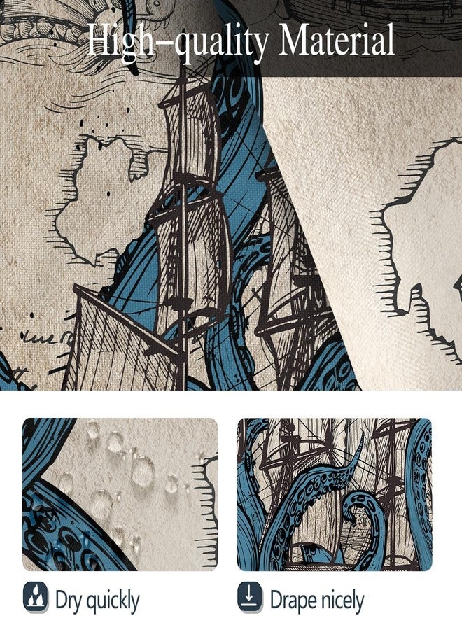 Coxila Vintage Octopus Shower Curtain Long Wide Retro Funny Nautical Monster Ocean Fun Kraken Anime Pirate Map Sea Sailboat Ship Boys Kids Mens Bathroom 72 x 72 Inch Polyester Fabric 12 Pack Hooks - Image 3