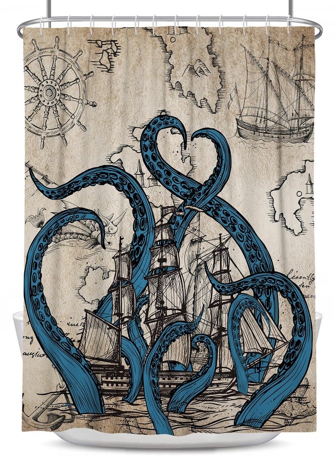 Coxila Vintage Octopus Shower Curtain Long Wide Retro Funny Nautical Monster Ocean Fun Kraken Anime Pirate Map Sea Sailboat Ship Boys Kids Mens Bathroom 72 x 72 Inch Polyester Fabric 12 Pack Hooks - Image 5