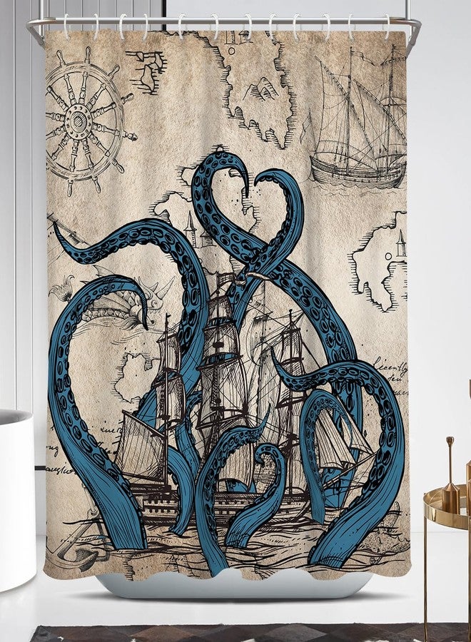 Coxila Vintage Octopus Shower Curtain Long Wide Retro Funny Nautical Monster Ocean Fun Kraken Anime Pirate Map Sea Sailboat Ship Boys Kids Mens Bathroom 72 x 72 Inch Polyester Fabric 12 Pack Hooks - Image 1
