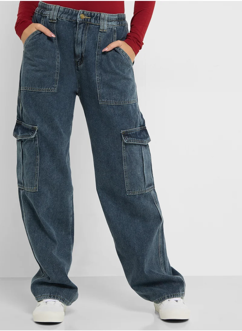 Ginger High Rise Straight Fit Jeans with Cargo Pockets