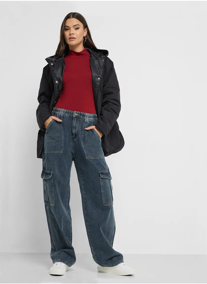 جينجر High Rise Straight Fit Jeans with Cargo Pockets