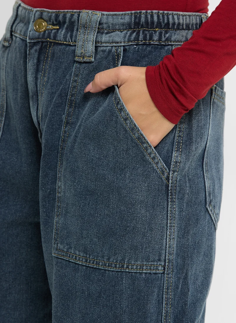 جينجر High Rise Straight Fit Jeans with Cargo Pockets