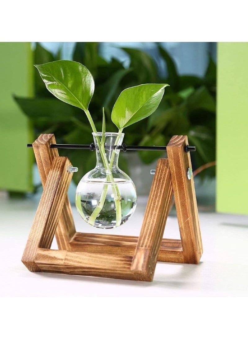 YelaJoy Plant Terrarium with Wooden Stand, Glass Desktop Planter with Retro Wooden Stand and Plant Terrarium Vase (2 Bulbs) for Indoor Office Desk Decor Accessories (1 Bulbs) - Image 2
