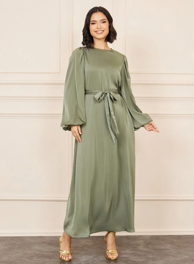 Styli Solid Balloon Sleeves Self Tie Up A-Line Maxi Dress