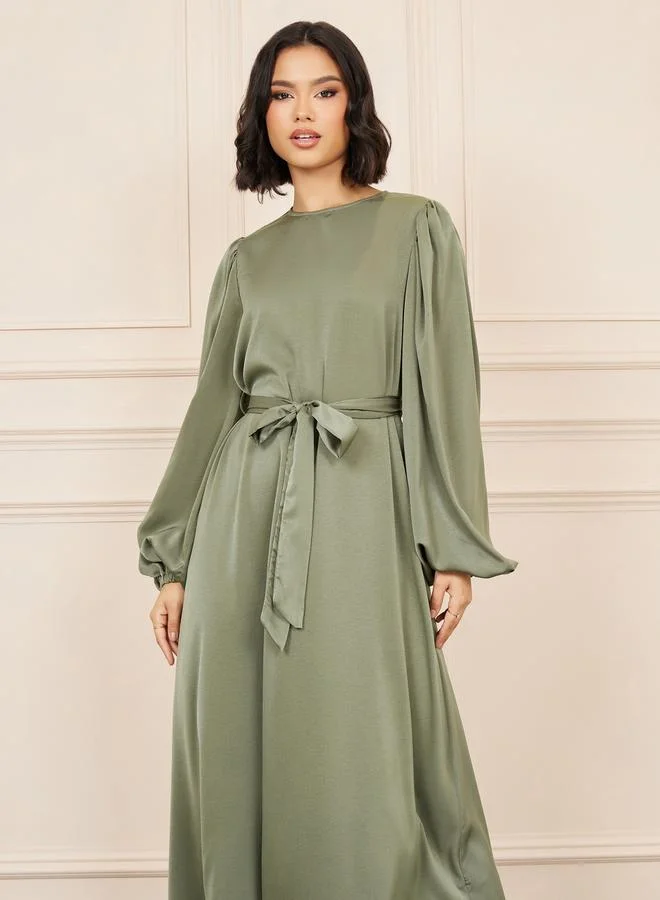 Styli Solid Balloon Sleeves Self Tie Up A-Line Maxi Dress