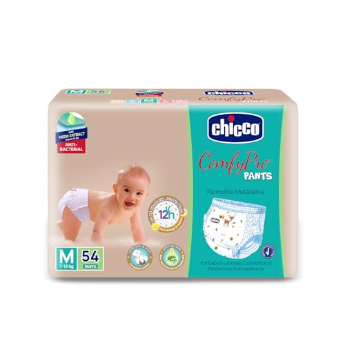 Chicco Comfy-Pro Pant Style Baby Diapers | Anti-bacterial benefits | Ultra Soft & 12hrs protection | Wetness indicator & Disposing Tapes - Medium, 54 Count, 7-12 Kg - Image 1