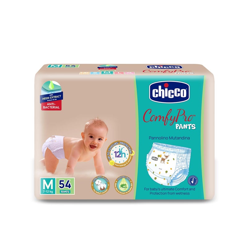 Chicco Comfy-Pro Pant Style Baby Diapers | Anti-bacterial benefits | Ultra Soft & 12hrs protection | Wetness indicator & Disposing Tapes - Medium, 54 Count, 7-12 Kg - Image 5