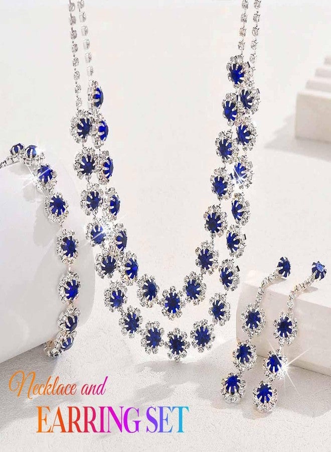 CLOACE Crystal Bridal Wedding Jewelry Set Sparkly Rhinestone Bracelet Earrings Prom Jewelry Accessories for Women (Blue) - Image 2