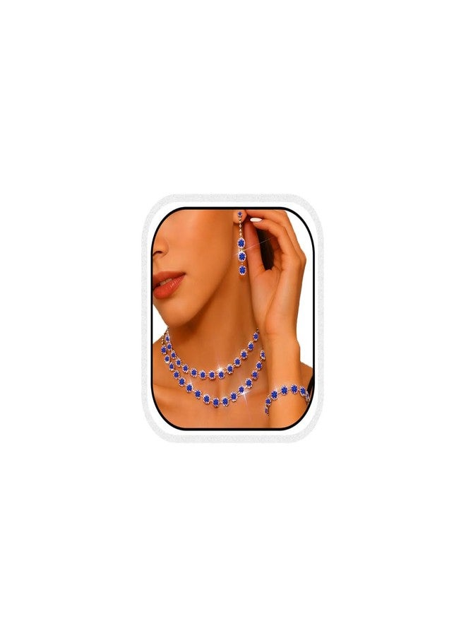 CLOACE Crystal Bridal Wedding Jewelry Set Sparkly Rhinestone Bracelet Earrings Prom Jewelry Accessories for Women (Blue) - Image 1