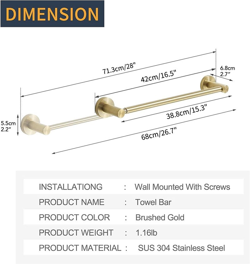 BESy Adjustable 15 to 26 Inch Single Bath Towel Bar for Bathroom SUS304 Stainless Steel Towel Holder, Wall Mount with Screws Hand Towel Bar Rod Hotel Style, Brushed Gold - Image 4