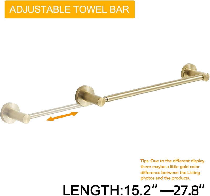 BESy Adjustable 15 to 26 Inch Single Bath Towel Bar for Bathroom SUS304 Stainless Steel Towel Holder, Wall Mount with Screws Hand Towel Bar Rod Hotel Style, Brushed Gold - Image 2