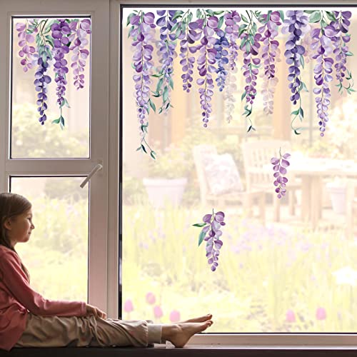 decalmile Purple Hanging Vine Double Sided Window Clings Wisteria Flower Leaf Window Decals AntiCollision Glass Doors Window Stickers - Image 3