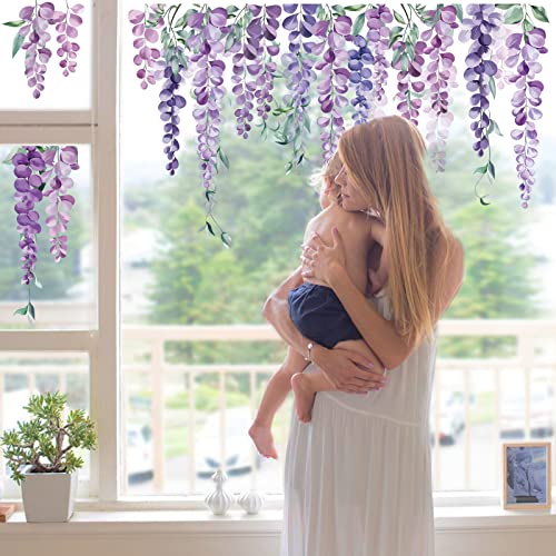decalmile Purple Hanging Vine Double Sided Window Clings Wisteria Flower Leaf Window Decals AntiCollision Glass Doors Window Stickers - Image 1
