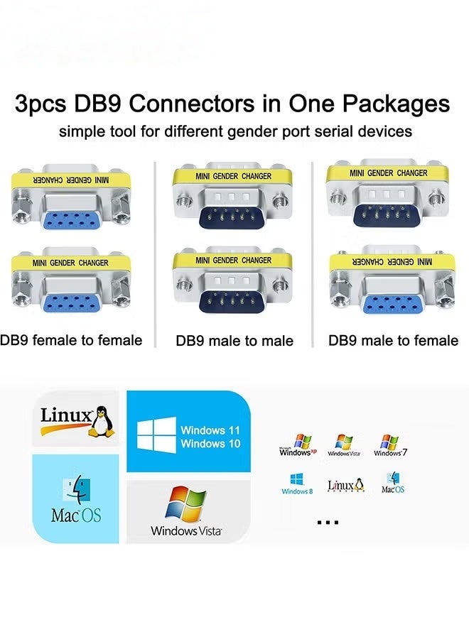 EETU 3 Pack Serial Adapter,DB9 Gender Changer Male To Female,9 Pin Connector Female To Female,Male To Male,RS232 Coupler Mini Size For PC Computer Data Transfer - Image 2