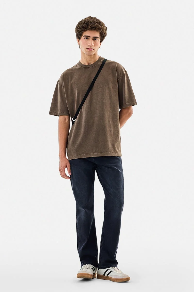 سنيتش Brown Solid Half Sleeve Oversized Streetwear T-Shirt