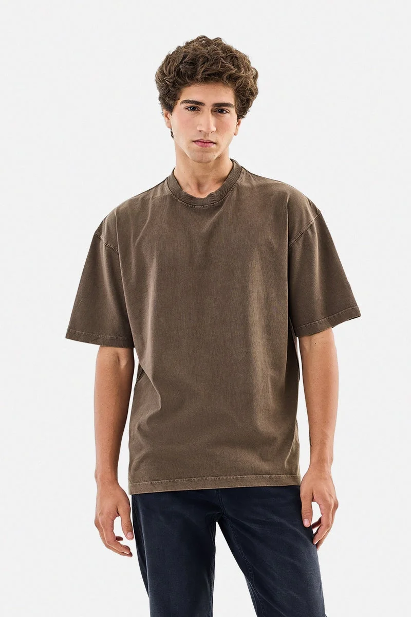 سنيتش Brown Solid Half Sleeve Oversized Streetwear T-Shirt
