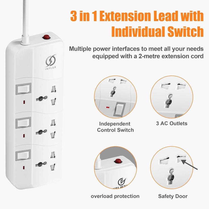 INFLUX Extension Cord, 3 Outlets, 3-Meter. Versatile Multi-Purpose Power Extension Cord for Safe and Efficient Power Distribution - Ideal Extension Plug for Home, Office with Buttons - Image 4