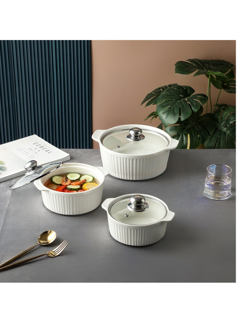 Dove 3-Piece Porcelain Soup Bowl Set With Glass Lid White/Silver; Small Bowl 8 Inch, Medium Bowl 9 Inch, Large Bowl 10.5 Inch