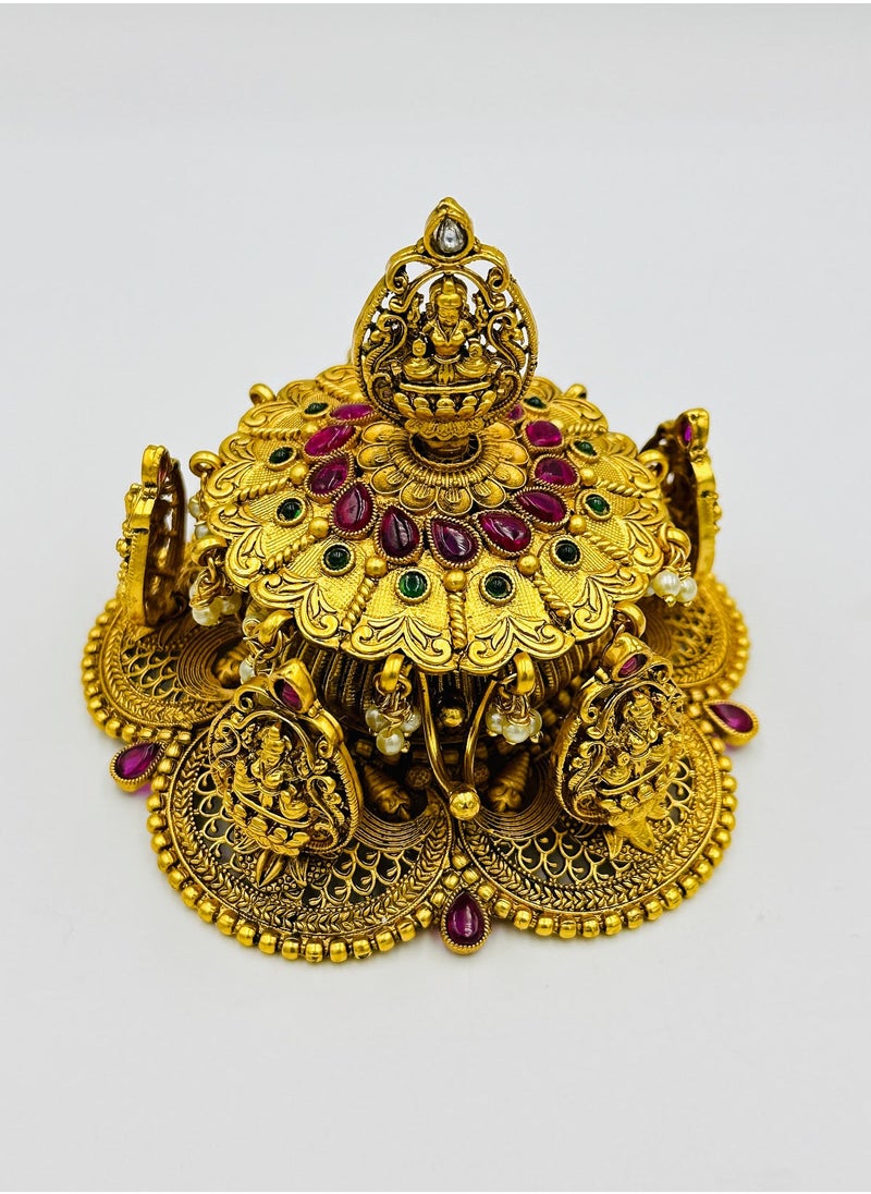 Swadesh Souq - Exquisite Brass Kumkum Box with Kempstones and Lakshmi Motifs Kumkum/Sindoor Box/Jewelry Box/Coin Box - Image 1