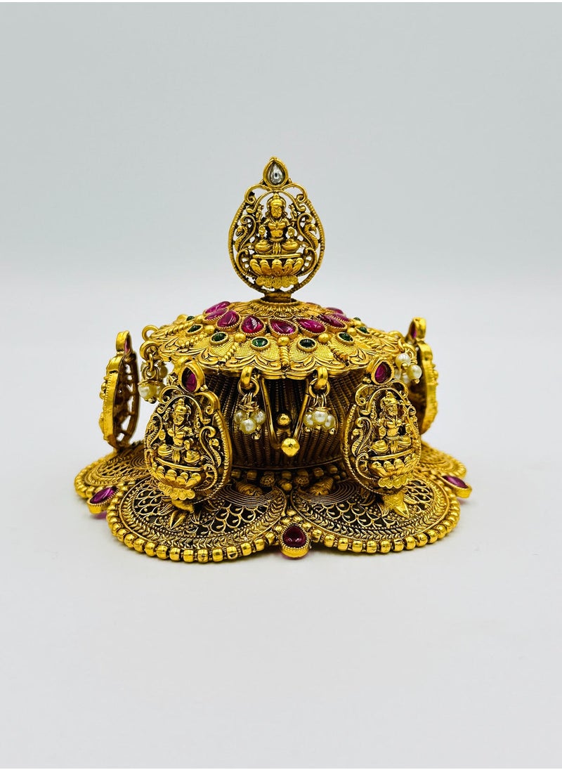 Swadesh Souq - Exquisite Brass Kumkum Box with Kempstones and Lakshmi Motifs Kumkum/Sindoor Box/Jewelry Box/Coin Box - Image 1