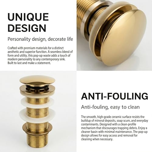 BASSINO Premium 5 Inch Brass Waste Coupling/Washbasin Drainer/Rust-Proof Pop-Up for Basin/Drain Stopper for Tabletop, Wall-Mount & Pedestal Wash Basins(Glossy-Golden) - Image 5