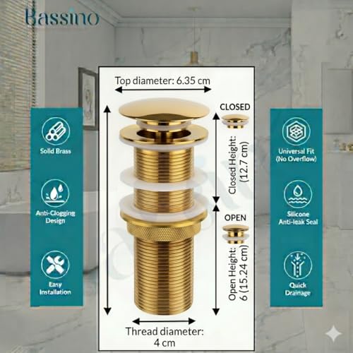 BASSINO Premium 5 Inch Brass Waste Coupling/Washbasin Drainer/Rust-Proof Pop-Up for Basin/Drain Stopper for Tabletop, Wall-Mount & Pedestal Wash Basins(Glossy-Golden) - Image 3