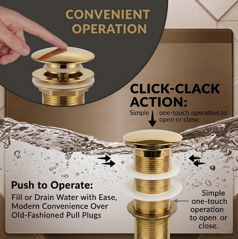 BASSINO Premium 5 Inch Brass Waste Coupling/Washbasin Drainer/Rust-Proof Pop-Up for Basin/Drain Stopper for Tabletop, Wall-Mount & Pedestal Wash Basins(Glossy-Golden) - Image 4