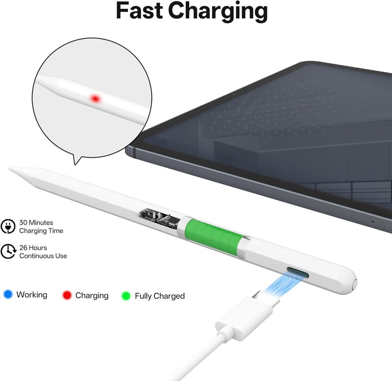 iafer Pencil for iPad 2018-2025, Fast Charge Tilt Sensitivity Palm Rejection 26H Working Time, Stylus Pen for iPad Pro 11/12.9/13 M3/M4, iPad 6th-11th A16, Air 3/4/5/M2/M3, Mini A17 Pro 7/6/5 - Image 3