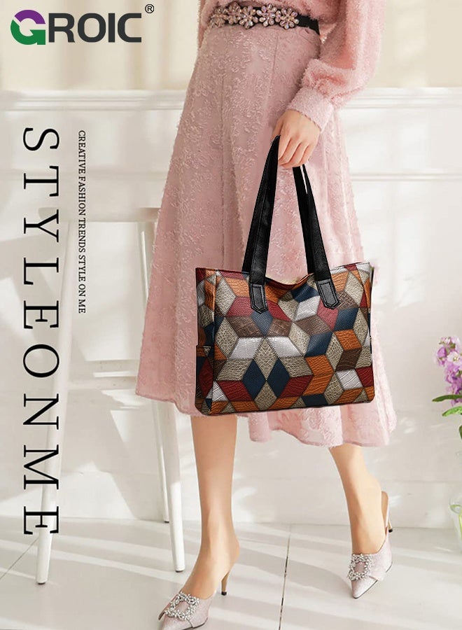 GROIC Large Tote Bag Vegan Leather Casual Zipper Work Bag,Color Retro Leather Stitching Tote Bag,Fashion Textured Shoulder Bag - Image 2