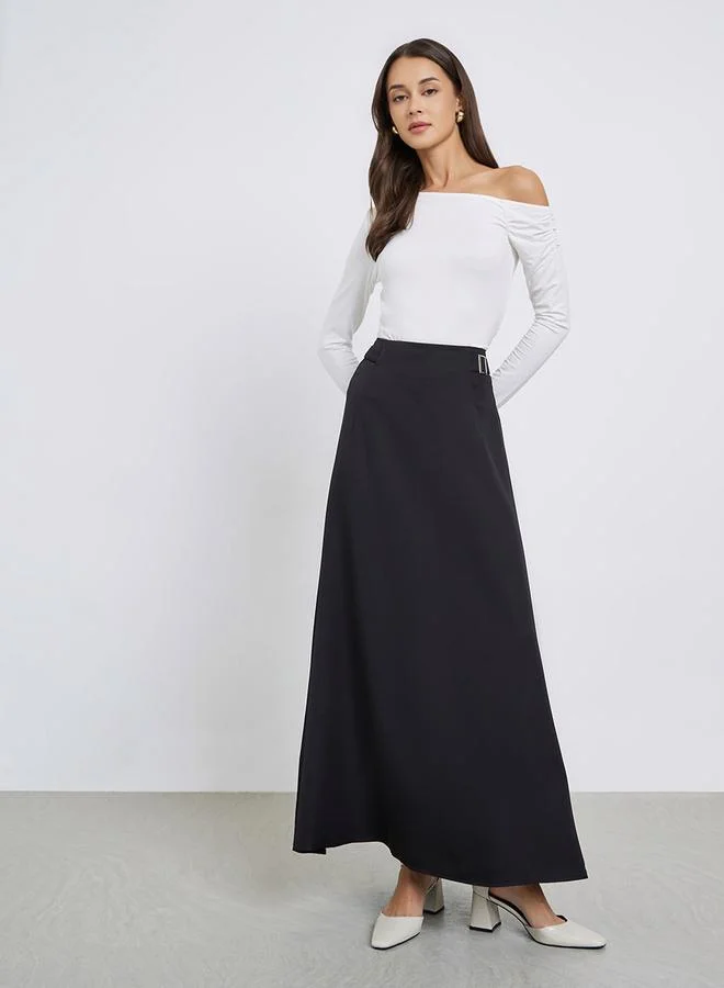Black A-Line Maxi Skirt with Buckle Detail