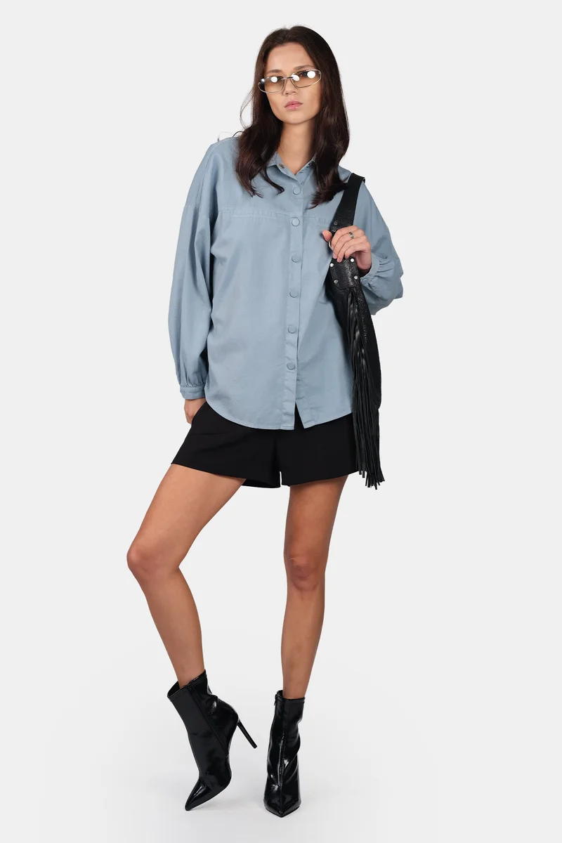 Solid Cotton Oversized Welt Pocket Shirt for Women