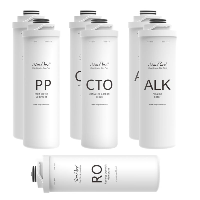 SimPure T1 Series 1Year Replacement Filter Cartridge Pack Set for Model T1400ALK Tankless Reverse Osmosis Water Filter System 2PP 2CTO 1RO 2ALK