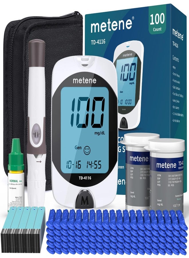 Metene TD-4116 Blood Glucose Monitor Kit, 100 Glucometer Strips, 100 Lancets, 1 Blood Sugar Monitor, Blood Sugar Test Kit with Control Solution, Lancing Device, No Coding, Large Display - Image 1