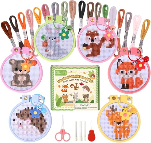 Caydo 6 Pieces Cross Stitch Kit for Kids Embroidery Kits with Woodland Animal Patterns Needlepoint Kit Kids with Instructions for DIY Key Chain Backpack Charms Ornaments and Needle Craft - Image 1