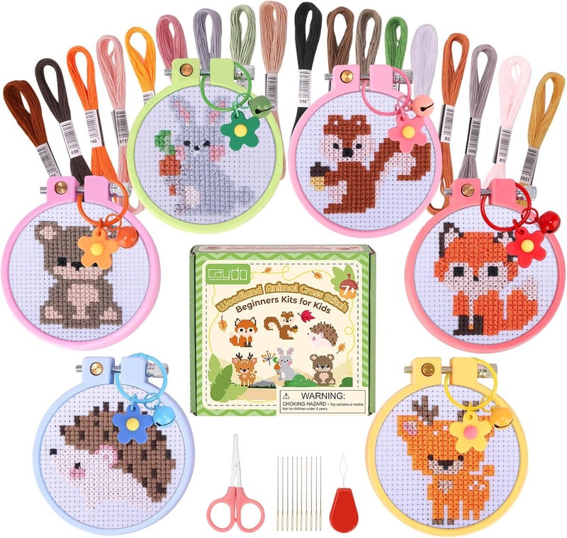 Caydo 6 Pieces Cross Stitch Kit for Kids Embroidery Kits with Woodland Animal Patterns Needlepoint Kit Kids with Instructions for DIY Key Chain Backpack Charms Ornaments and Needle Craft - Image 3