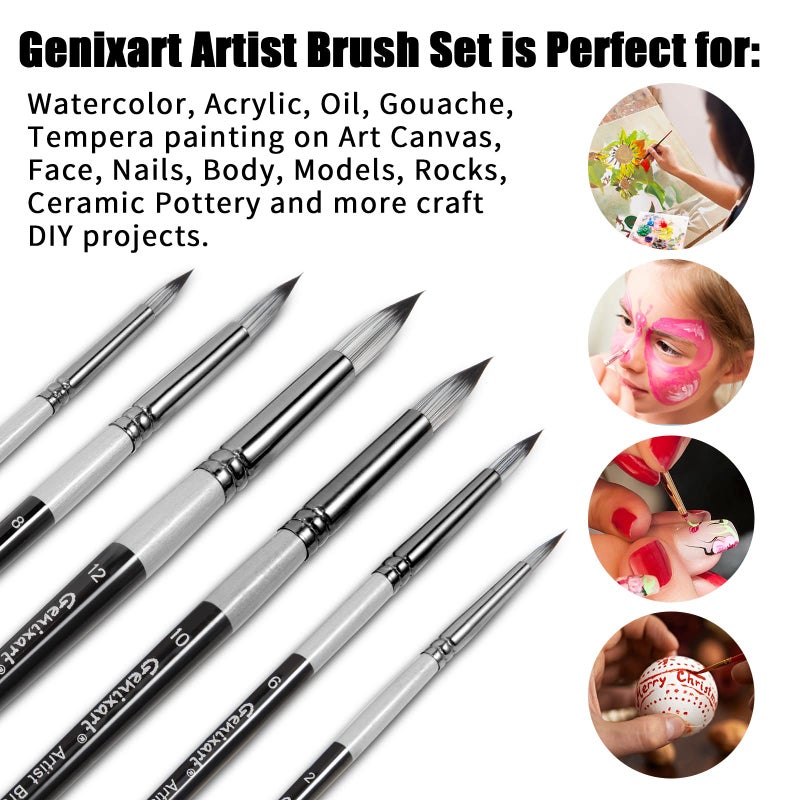 Genixart Genixart Round Pointed Tip Paint Brushes Set, 6 Pcs Artist Paintbrushes for Acrylic Oil Watercolor Gouache Painting, Premium Nylon Hair Art Paint Brush for Beginners and Professionals - Image 2