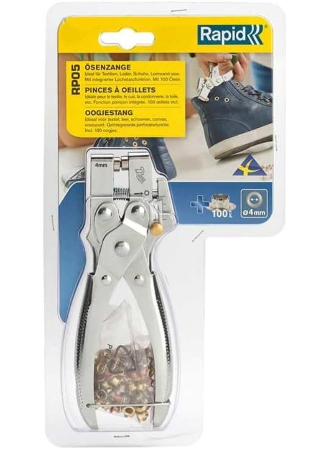 Rapid RP05 4mm Eyelet Plier with 100 Eyelets – Manual Heavy Duty Steel – Silver (Model 5000407) - Image 1