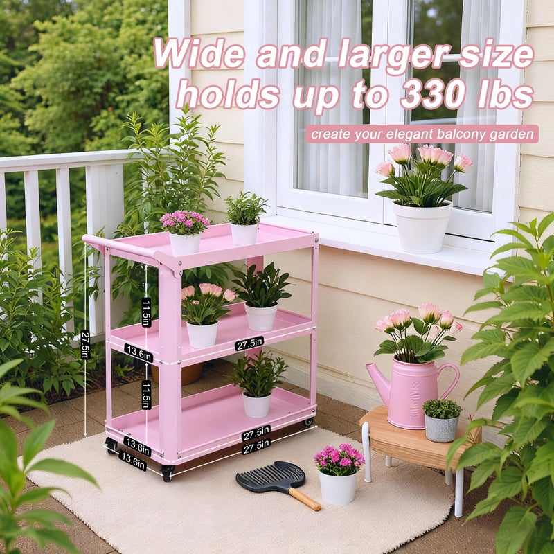 XCX 3 Tier Metal Utility Rolling Cart with Wheels, Heavy Duty Storage Organizer Trolley Cart for Kitchen, Bathroom, Office, Bedroom â€“ Multi-Purpose 330Lbs Capacity Utility Cart on Wheels, Pink - Image 3