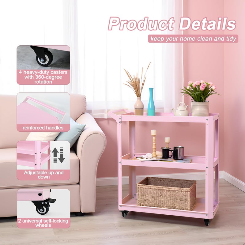 XCX 3 Tier Metal Utility Rolling Cart with Wheels, Heavy Duty Storage Organizer Trolley Cart for Kitchen, Bathroom, Office, Bedroom â€“ Multi-Purpose 330Lbs Capacity Utility Cart on Wheels, Pink - Image 4