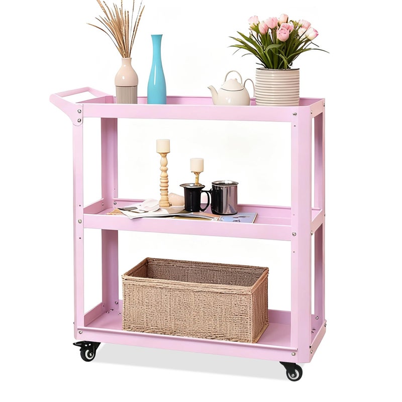 XCX 3 Tier Metal Utility Rolling Cart with Wheels, Heavy Duty Storage Organizer Trolley Cart for Kitchen, Bathroom, Office, Bedroom â€“ Multi-Purpose 330Lbs Capacity Utility Cart on Wheels, Pink - Image 1