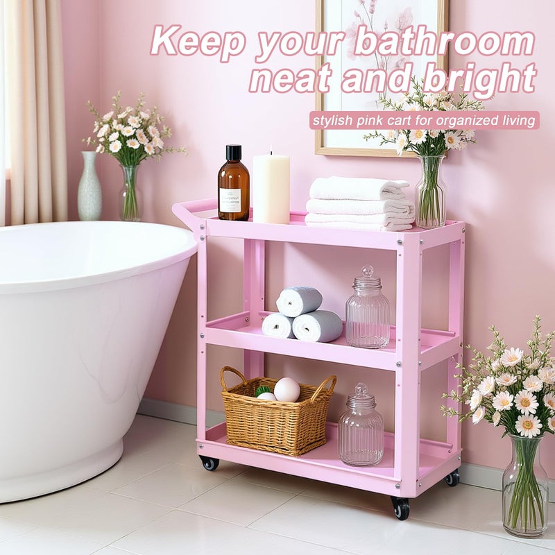 XCX 3 Tier Metal Utility Rolling Cart with Wheels, Heavy Duty Storage Organizer Trolley Cart for Kitchen, Bathroom, Office, Bedroom â€“ Multi-Purpose 330Lbs Capacity Utility Cart on Wheels, Pink - Image 5