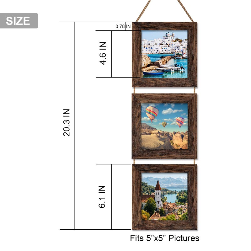 Vmuzeder 5x5 إطار صورة جدار معلق إطارات الصورة مع 3 إطارات فتحة الضيق بني بني - Image 2