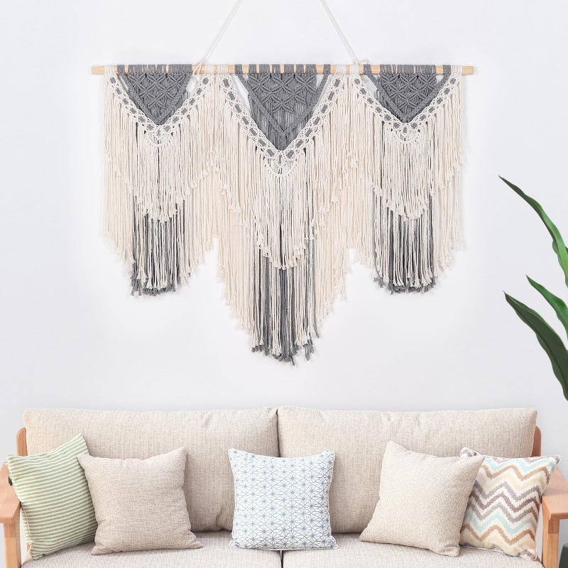 ANMINY Large Macrame Wall Hanging 43 Inches Natural Cotton Rope Handmade Macrame Wall Decor Boho Chic Woven Tapestry Wall Art for Bedroom Living Room  Gray and Off White