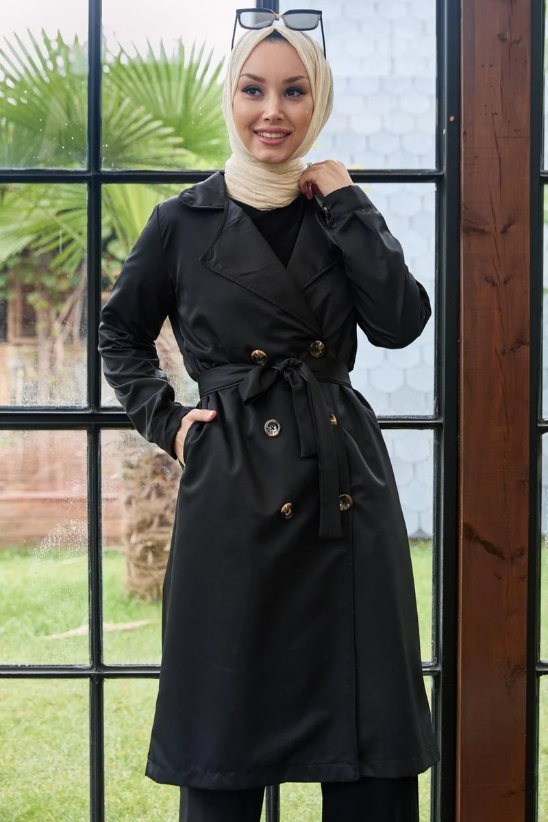 Tofisa Plain Shirt Collar Women's Black Trench Coat - 11012