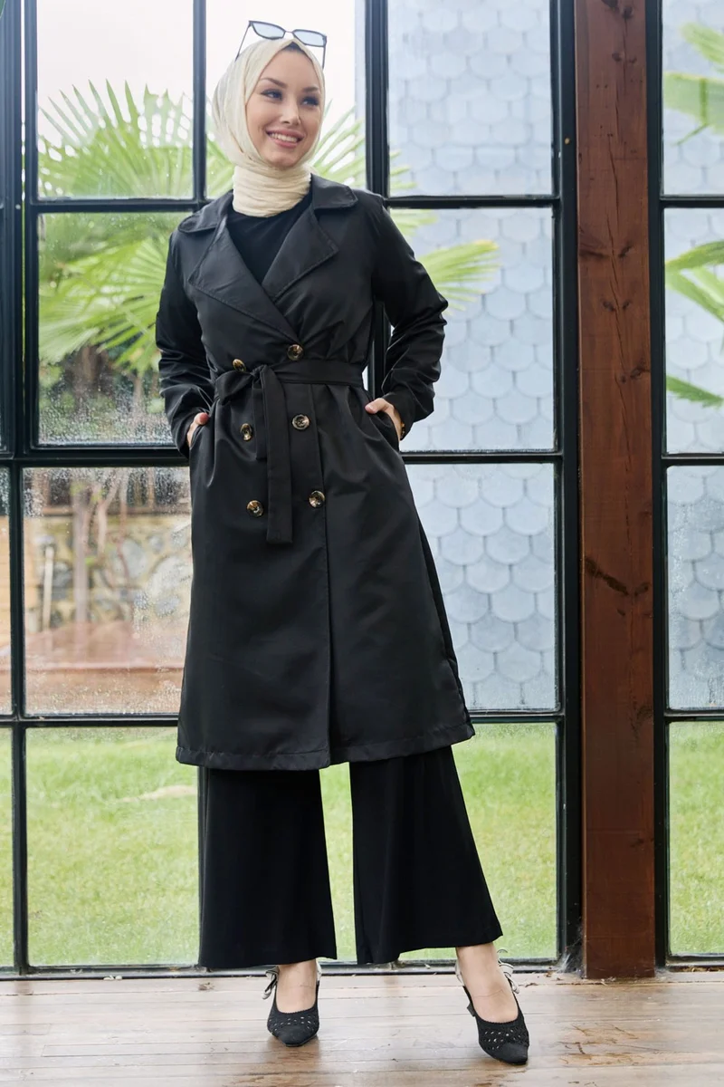 Tofisa Plain Shirt Collar Women's Black Trench Coat - 11012