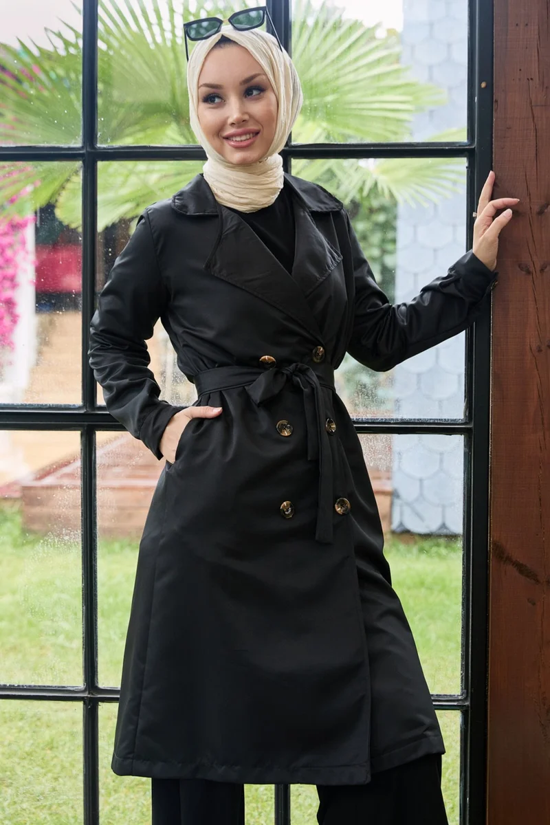 Tofisa Plain Shirt Collar Women's Black Trench Coat - 11012