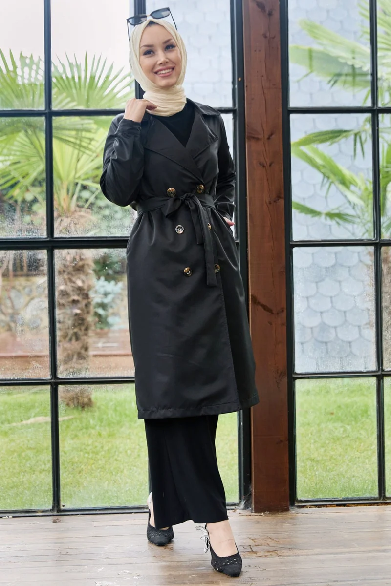 Tofisa Plain Shirt Collar Women's Black Trench Coat - 11012