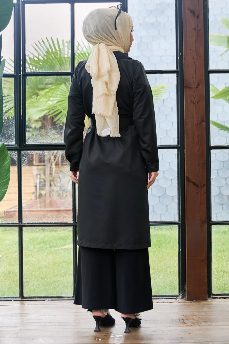 Tofisa Plain Shirt Collar Women's Black Trench Coat - 11012