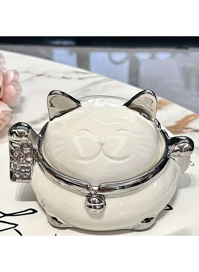 Transparent White Lucky Cat Ceramic Ashtray With Lid Anti Fly Home Office Decor - Image 4