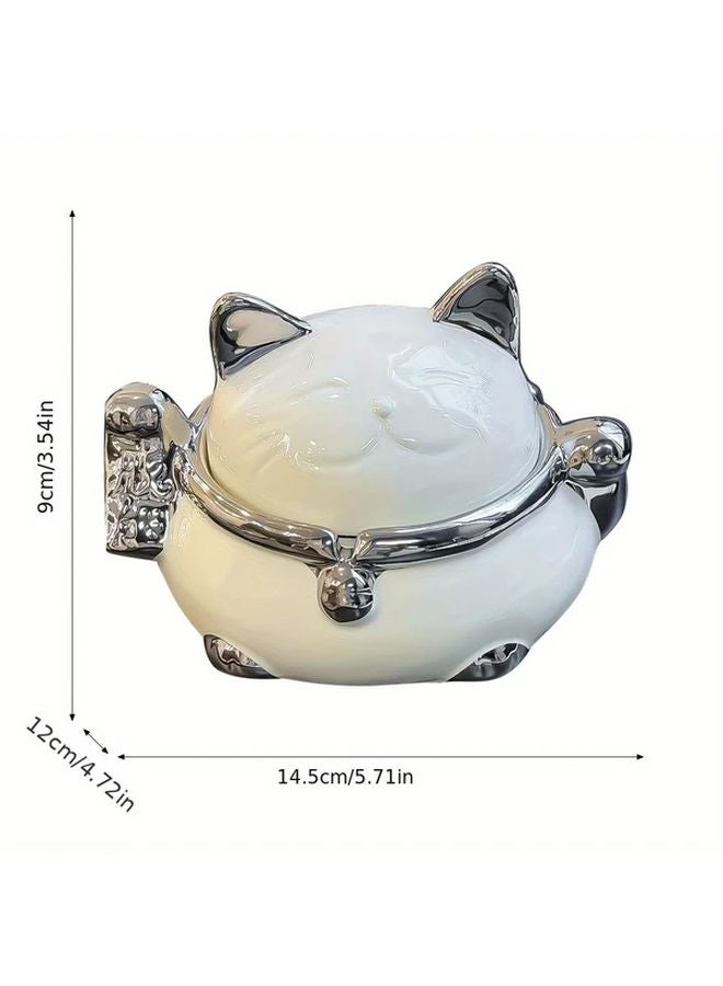 Transparent White Lucky Cat Ceramic Ashtray With Lid Anti Fly Home Office Decor - Image 3